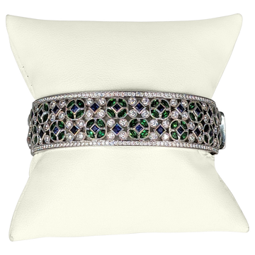 Exquisite Multi-Gem Bracelet in 18K White Gold – 5.70 CT Diamonds, 104 Emeralds & 52 Blue Sapphires