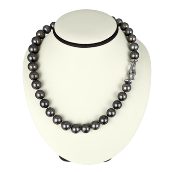Tahitian Pearl Necklace with 38 Diamonds – 35 Pearls (11.2–12.8mm), 14K White Gold, 0.40 CT VS2 G