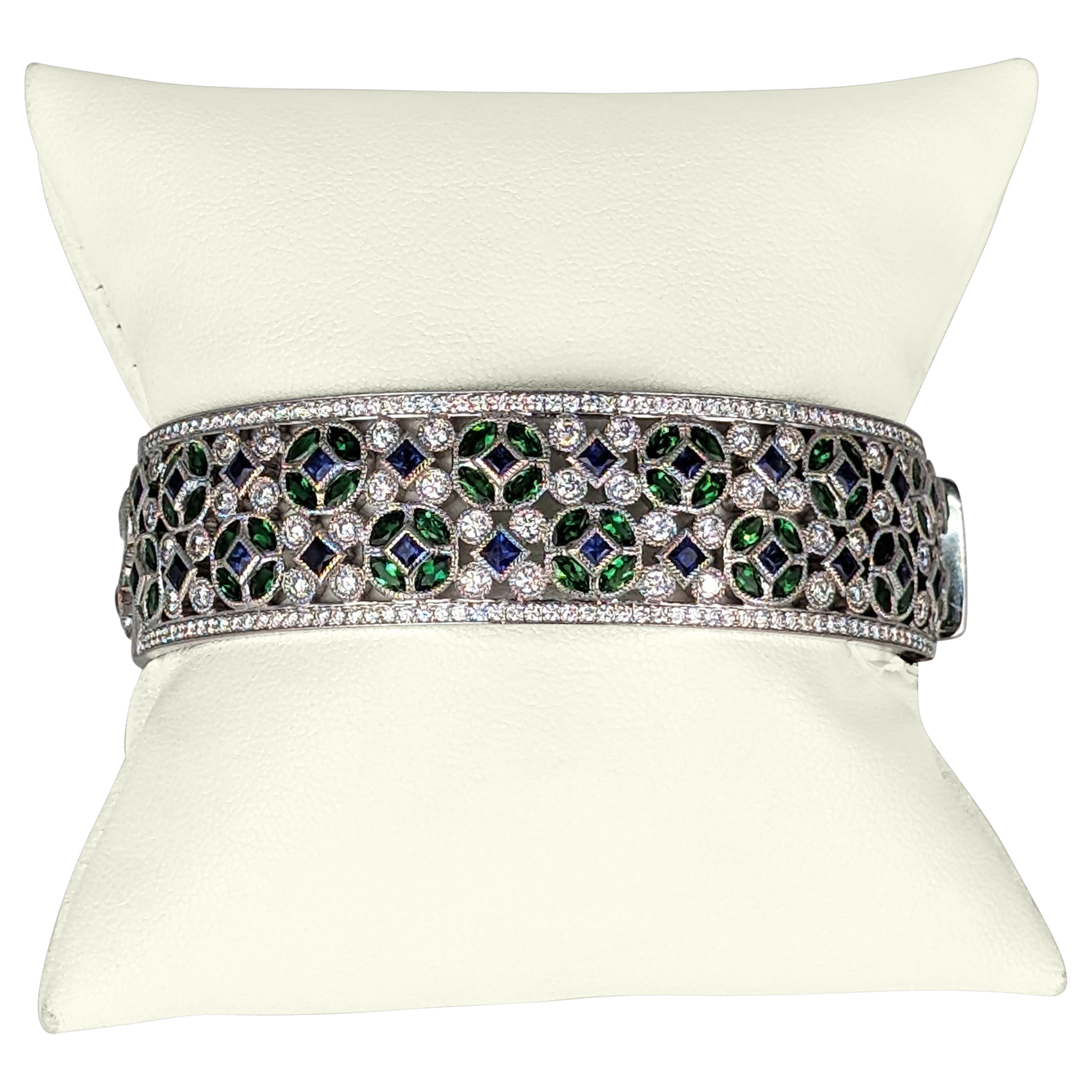 Exquisite Multi-Gem Bracelet in 18K White Gold – 5.70 CT Diamonds, 104 Emeralds & 52 Blue Sapphires
