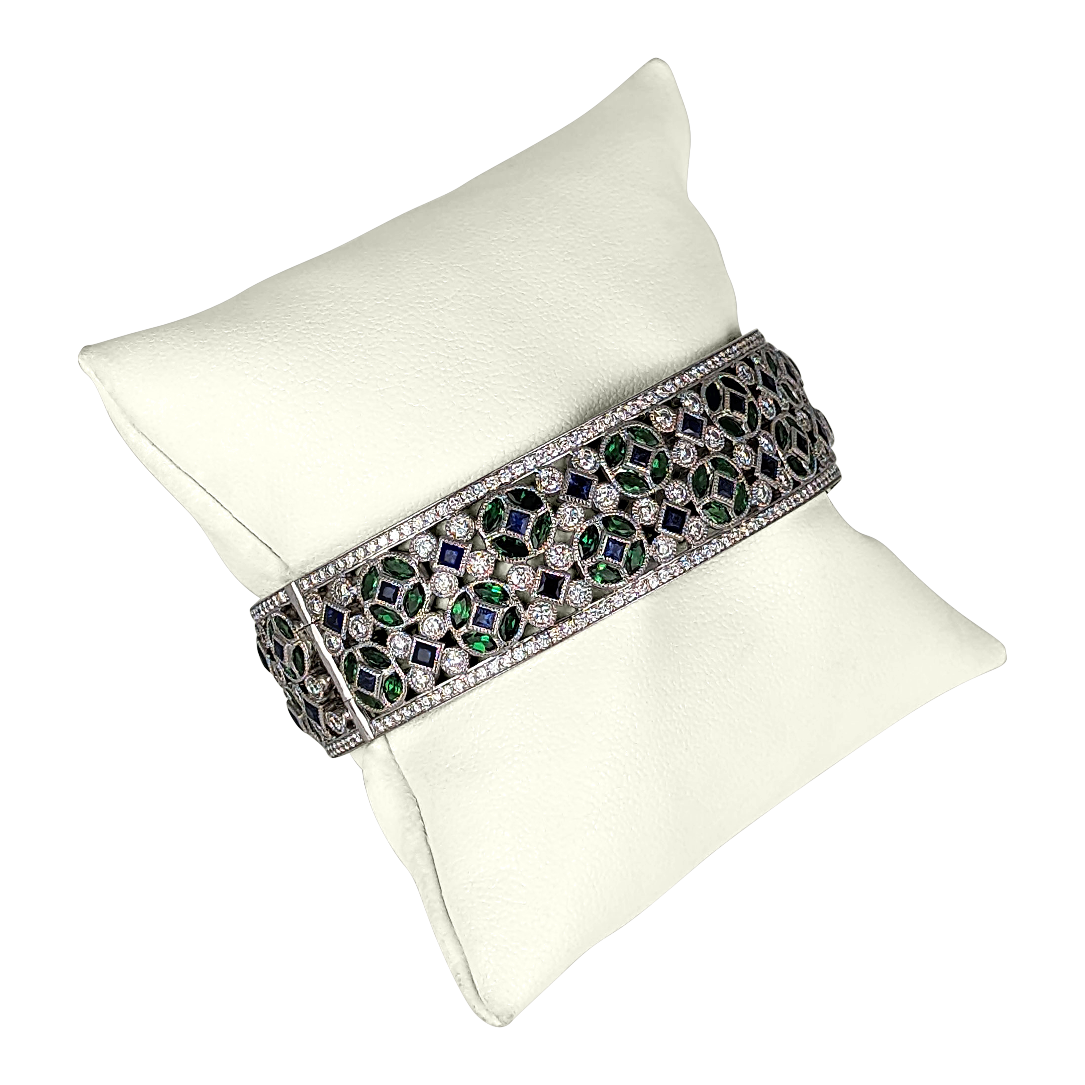 Exquisite Multi-Gem Bracelet in 18K White Gold – 5.70 CT Diamonds, 104 Emeralds & 52 Blue Sapphires